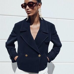 Zara Navy Cropped Double-Breasted Jacket with Gold Buttons